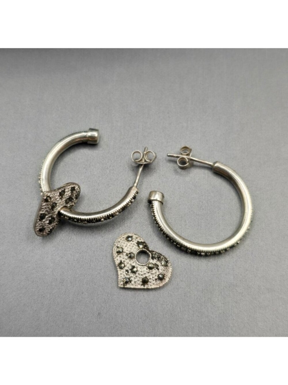 Sterling Silver Marcasite Heart Hoop Earrings Removable Charms 2 In 1 Style - Picture 7 of 13
